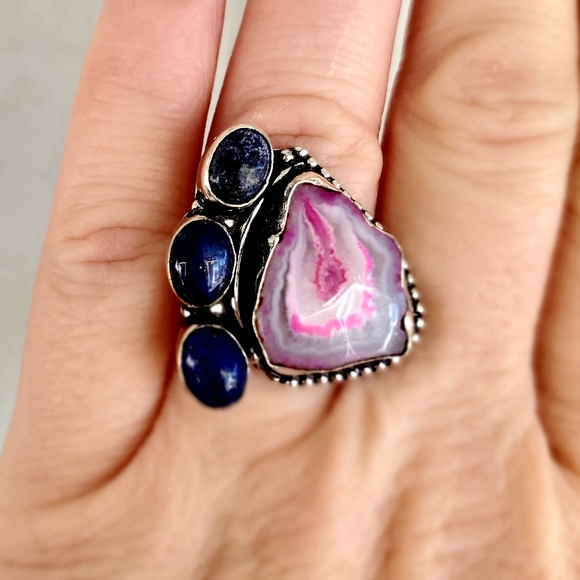 New Solar Agate & Lapis Lazuli 925 Silver Ring. - Picture 7 of 8